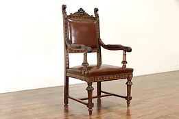 Renaissance Italian Antique Library or Office Desk Chair Lion & Leather #36526
