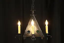 Arts & Crafts Wrought Iron Medieval Chandelier, Stained Glass #36672