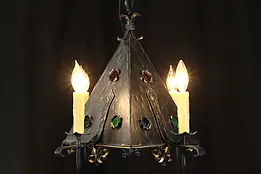 Arts & Crafts Wrought Iron Medieval Chandelier, Stained Glass #37343