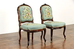 Pair of Carved Rosewood Antique French Chairs, Needlepoint & Petit Point #37406