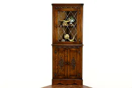 English Oak Antique Corner Cupboard or Cabinet, Leaded Glass, Reprodux #37450