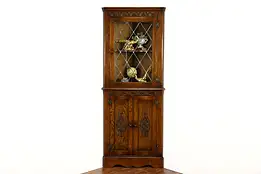 English Oak Antique Corner Cupboard or Cabinet, Leaded Glass, Reprodux #37450