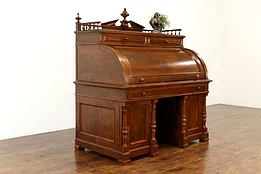 German 1880 Antique Walnut Cylinder Roll Top Office Desk, Leather Top #37495