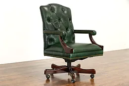 Green Leather Tufted Vintage Mahogany Swivel Adjustable Office Desk Chair #36726