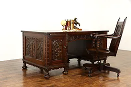 Oak Antique Renaissance Carved Library Office Desk & Chair Set, Lifetime #37541