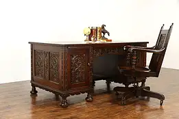 Oak Antique Renaissance Carved Library Office Desk & Chair Set, Lifetime #37541