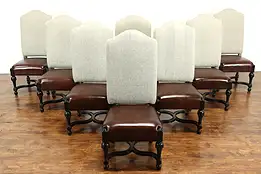 Set of 8 Large Custom Designer Vintage Dining Chairs, Leather Seats #37633