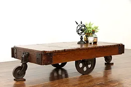 Industrial Salvage Antique Oak & Iron Railroad Cart, Coffee Table #37637