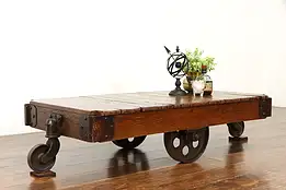 Industrial Salvage Antique Oak & Iron Railroad Cart, Coffee Table #37637