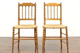 Victorian Pair of New York Carved Maple Farmhouse Rush Seat Chairs  #37696