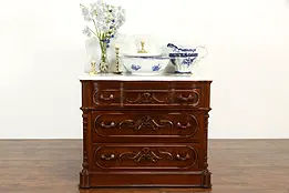 Victorian Antique Small Chest or Commode, Carved Pulls, Marble Top #36773