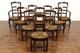 Farmhouse Set of 10 Country French Rush Seat Dining Chairs, Trouvailles #37272