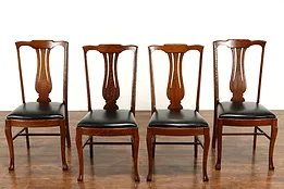 Set of 4 Carved Quarter Sawn Oak Antique Dining Chairs, Leather Seats #37656