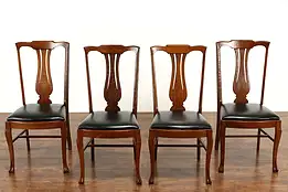 Set of 4 Carved Quarter Sawn Oak Antique Dining Chairs, Leather Seats #37656