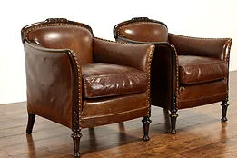 Pair of Traditional Farmhouse Leather Vintage Club Chairs, Crate & Barrel #37909