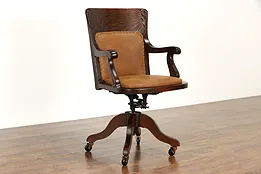 Oak Antique Swivel Adjustable Office or Library Desk Chair, New Leather  #37012