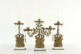 Victorian Antique 3 Pc Girandole Candelabra Set, Marble & Cherubs #37762