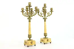 Classical Pair of 5 Candle  Brass & Marble Antique Candelabra #37877