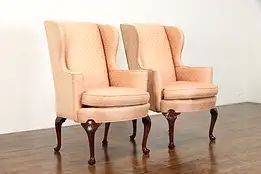 Pair of Georgian Design Vintage Mahogany Wingback Chairs, Sherrill #38021