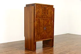Art Deco Antique Walnut Burl Lift Top Drop Front Bar Cabinet, Berick #37740