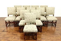 Set of 12 Antique Oak Dining Chairs, Carved Faces, New Upholstery  #38059