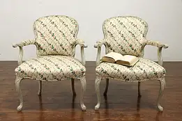 Pair of Farmhouse Country French Hand Painted, Carved Vintage Chairs #38382