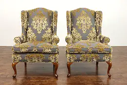 Pair of Vintage Wing Back Chairs, Mahogany Feet, Cut Velvet Upholstery #38383