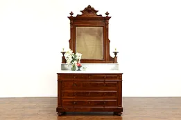 Italian Walnut Renaissance Victorian Chest, Dresser, Marble Top, Mirror #38409