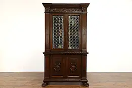 Italian Antique Rondel Glass Carved Walnut China Cabinet or Bookcase #36132