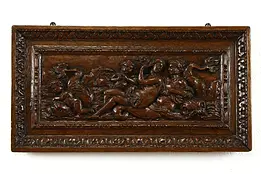 Carved Antique Classical Oak Panel Dolphin, Mermaid, Cupids Scene 23" #38200