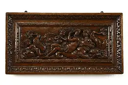 Carved Antique Classical Oak Panel Dolphin, Mermaid, Cupids Scene 23" #38200