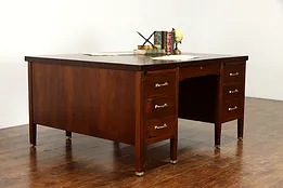 Walnut Antique Office or Library Partner Desk, Brass Feet, Pulls, Leopold #36180