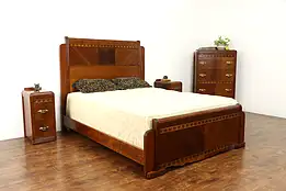 Art Deco Waterfall Vintage 4 Pc Walnut Bedroom Set, Queen Size Bed #36214