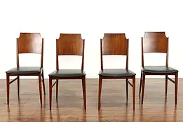 Set of 4 Midcentury Modern Vintage Walnut Dining Chairs, Pleated Vinyl #38124