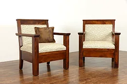 Pair of Mission Arts & Crafts Antique Throne Hall Chairs, New Upholstery #38177