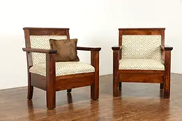 Pair of Mission Arts & Crafts Antique Throne Hall Chairs, New Upholstery #38177