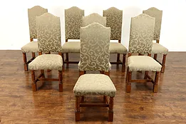 Set of 8 Solid Oak Vintage Dining Chairs, Newly Upholstered #38404