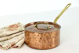 Copper Vintage Country Farmhouse Sauce Pan with Lid, Brass Handles #38100