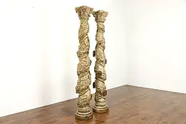 Pair of Italian Carved Antique Baroque Salvage Spiral Columns, Grapevines #38430