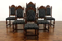 Renaissance Oak Antique Set of 6 Carved Dining Chairs, New Upholstery #38479