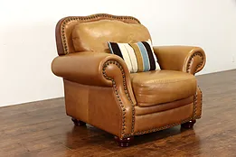 Large Brown Vintage Natural Leather Chair, Nailhead Trim #38742