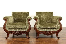 Pair of Mohair Traditional Vintage Carved Mahogany Scandinavian Armchairs #38873