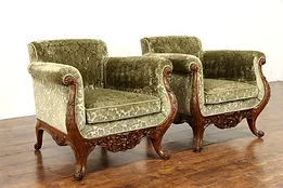 Pair of Mohair Traditional Vintage Carved Mahogany Scandinavian Armchairs #38874