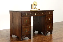 English Tudor Style Carved Oak Vintage Office Desk, Feudal Oak Jamestown #38236