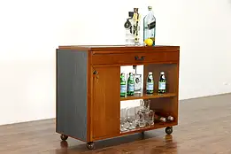 Midcentury Modern Teak Rolling Bar Cart Cabinet Server, Faux Slate Dunbar #38497