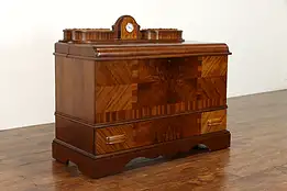 Art Deco Waterfall Vintage Walnut Cedar Blanket Chest, Quartz Clock #38990