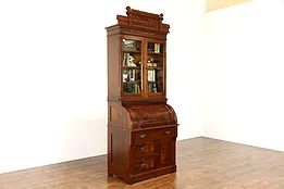 Victorian Eastlake Antique Walnut Cylinder Secretary Desk & Bookcase #34915