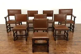 Set of 8 Tudor Vintage Oak & Leather Dining Chairs With Nailhead Trim #38707