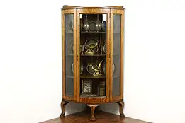 Oak Antique Curved Glass Corner Display Cabinet, Paw Feet #39118