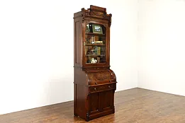 Victorian Eastlake Antique Walnut Roll Cylinder Secretary Desk & Bookcase #39117